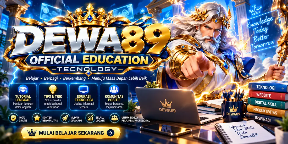 DEWA89 Official Education banner: the DEWA89 name in gold and silver lettering above the words Official Education Technology, with a crown and a figure seated at a study desk